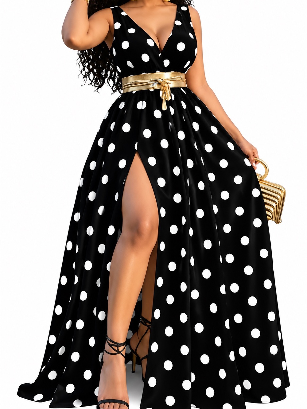 Black and White Polka Dot Maxi Dress with Gold Accent Belt
